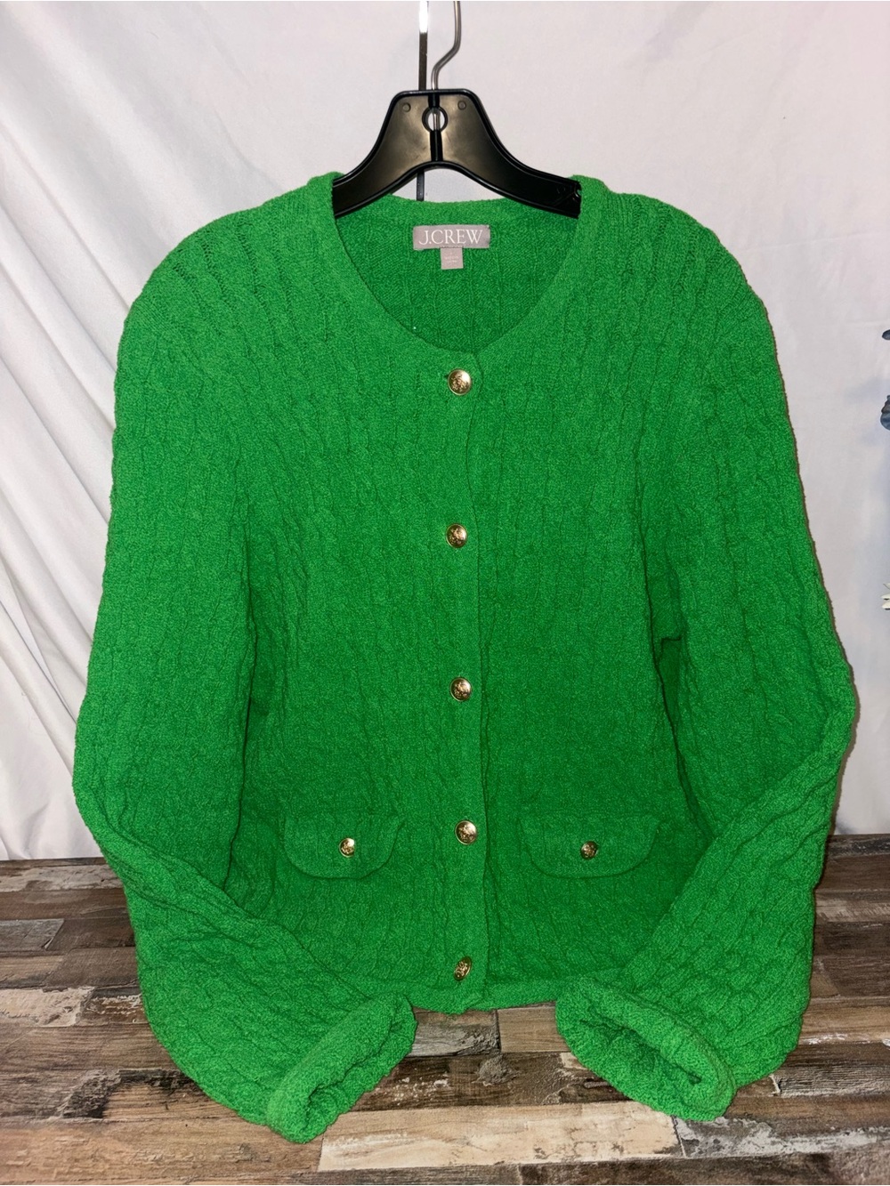 J. Crew Bright Green Cable Knit Cardigan with Gold Buttons